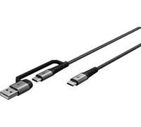 goobay Cable 2 en 1 USB C a USB C y USB A/cable textil USB máx. 60 W y 480 Mbits/adaptador para dispositivos USB-A/portátil tableta iPhone/multiadaptador con protección contra dobleces / 1m, 70277