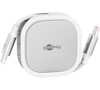 goobay Cable USB-C autorretráctil 1m, cable plano extensible con 15W de carga, 5 longitudes ajustables, caja protectora compacta, USB-C a USB-C, ideal para smartphone, tablet y portátil, blanco, 77425