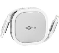 goobay Cable USB-C autorretráctil 1m, cable plano extensible con 15W de carga, 5 longitudes ajustables, caja protectora compacta, USB-C a USB-C, ideal para smartphone, tablet y portátil, blanco, 77425