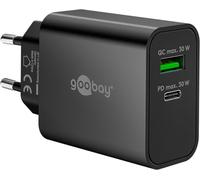 goobay Cargador rápido Dual USB-C PD GAN, 30W, 1x USB-C Power Delivery + 1x USB-A Quick Charge, Compacto, Carga simultánea, Compatible con iPhone, Samsung, Xiaomi, iPad, Negro, 75335