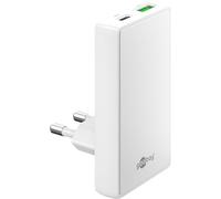 goobay Cargador USB C Plano GAN de 65 W, Cargador rápido de Doble Puerto (USB-C y USB-A): diseño Plano de 90°, ultraplano y Que Ahorra Espacio, para Apple, Samsung, Huawei, así como tabletas, Blanco