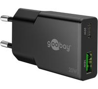 goobay Cargador USB-C rápido GAN Slim 20W con Doble Puerto, diseño extraplano, Carga Segura, Compatible con iPhone, Samsung, Xiaomi, iPad, Negro, 75729