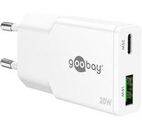 goobay Cargador USB-C rápido GAN Slim 20W con Doble Puerto, diseño extraplano, Carga Segura, Compatible con iPhone, Samsung, Xiaomi, iPad, Blanco, 75730