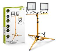 goobay Foco LED para Obras 49984-Foco construcción telescópico (Doble Cabezal, para Uso en Interiores y Exteriores, trípode de Metal, luz Blanca fría), Negro, Amarillo, 2x 50 Vatios