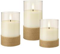 goobay Juego de 3 velas LED en cristal, color blanco, con temporizador y mecha 3D, velas de cristal envueltas en cáñamo para decoración elegante, funciona con pilas 77773