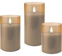goobay Juego de 3 velas LED en cristal, color transparente dorado, con temporizador y mecha 3D, velas de cristal para decoración elegante, funciona con pilas 77756