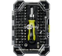 goobay Juego de destornilladores 100 piezas con mango de carraca, 99 puntas de acero S2, adaptadores y extensiones, caja con tapa transparente para bricolaje y mantenimiento, 77844
