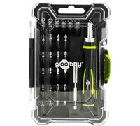 goobay Juego de destornilladores 26 piezas con mango de carraca, 20 puntas y 6 vasos de acero S2, extensión magnética y caja apilable para reparaciones y trabajos de precisión, 77840