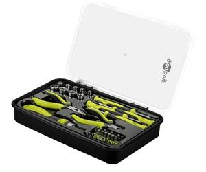 goobay Juego de herramientas de mano de 49 piezas, juego de herramientas móviles para bricolaje y viajes, destornillador, juego de brocas, llaves de vaso, portabrocas, extensión de punta, cortador