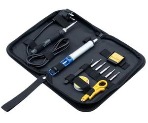 goobay Kit de soldadura de arranque de 12 piezas con soldador, 5 fallas, soporte, bomba de desoldar, pelador de cables, pinzas de depilar, estaño de soldadura, esponja, para modelismo y reparaciones