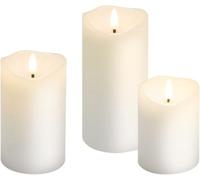 goobay Set de 3 velas LED de cera real con efecto llama 3D, luz cálida (2700 K), temporizador de 6 h, blancas, incluye 10 pilas AAA, diferentes alturas, seguras y decorativas para interior, 75263