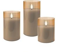 goobay Set de 3 velas LED de cera real en vaso de cristal dorado, luz cálida (2700 K), efecto llama 3D, temporizador de 6 h, incluye 10 pilas AAA, seguras y decorativas para interior, 75260