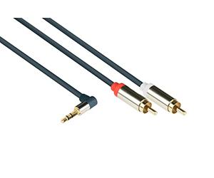 Good Connections GC-M0064 - Cable de conexión de audio de alta calidad, 3,5 mm, conector jack acodado a la derecha a 2 conectores RCA (CA), OFC, carcasa de metal, 1,5 m, color azul oscuro