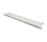 Good Connections® Panel de Conexiones, 19", Montaje en Rack, Cat. 6A, 500 MHz, 10 Gigabit, 24 Puertos, 0,5 U, apantallado, Apertura sin Herramientas, Color Gris Claro (RAL7035)