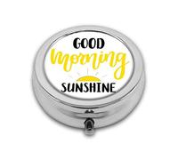 Good Morning Sunshine - Caligrafía dibujada a mano con boceto de amanecer, bolsillo redondo personalizado de 2.1 pulgadas, 3 compartimentos, bolsillo para pastillero