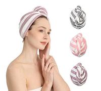 Good Nite 3 Piezas Toalla Microfibra Pelo Turbante de Cabello Súper Absorbente Toalla de Microfibra para el Cabello Rizado Largo 3 Colores Rosa Morado Gris con Botones Rayas Anchas