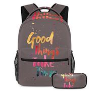 Good Things Take Time - Mochila con estuche para lápices, juego de 2 mochilas escolares para niños, niñas, adolescentes, bolsa de viaje para estudiantes, multicolor, B：29.4x20x40cm P：19x7.5x3.8cm,