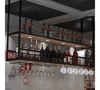 GOODBZ Estante Flotante de Barra Vintage Industrial con 4 Luces, Soporte de Botella de Vino Colgante montado en el Techo de 2 Capas, Estante de Copa de champán, decoración del hogar de la