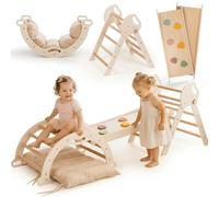 Goodevas Estructura de Escalada 5 en 1 para Niños - Escalera en Triángulo, Arco de Escalada, Balance Board y Cojín, Estructura de Escalada Montessori, Gimnasio de Madera para Niños de 1 a 3 Años