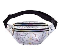 GOODGDN Riñonera Running Impermeable, Cangurera Deportiva Cinturón Bolso Unisex Moda PU Holográfica Cintura Bolsa Brillante Paquete de Cintura - Plata（Tres Bolsillos）