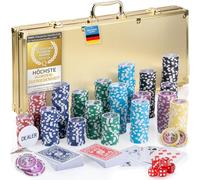 GOODS+GADGETS Maletín de Póquer con 300 a 500 Fichas de Póquer, Baraja de Cartas, Dados, Botón del Crupier; Maletín de Aluminio con Cerradura (Oro, 500 Fichas)