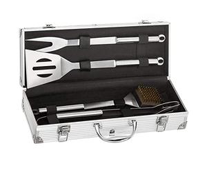 GOODS+GADGETS® Set Utensilios Barbacoa 5 Piezas con Maletín | Pinzas, espátula, tenedor y cepillo de acero inoxidable - estuche aluminio 37 x 14 x 8 cm