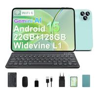 GOODTEL Tableta 10,1 Pulgadas con Android 15, 22 GB de RAM + 128 GB de ROM, WiFi 6, Bluetooth 5.0, Gemini AI, cámaras de 8+5 MP, WideVine L1, GMS, Tableta con Teclado y ratón (Verde)