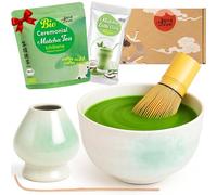 Goodwei BIO Matcha Juego de té japonés orgánico Vert Matcha con batidor de bambú, taza Matcha | Tazón artístico de Matcha | Caja de regalo (Shiro, con Soporte Batidor)