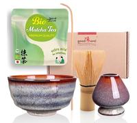 Goodwei BIO Matcha Juego de té japonés orgánico Vert Matcha con batidor de bambú, taza Matcha | Tazón artístico de Matcha | Caja de regalo (Uji, con Soporte Batidor)