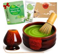 Goodwei Juego de Matcha - 30g Té Matcha Biológico Japonés, Cuenco Ceremonial, Batidor y Soporte (Akai), Cerámica, 430 ml