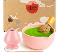 Goodwei Matcha Kit con cuchara y batidor te matcha, tazon matcha con soporte para batidor de cerámica en el mismo diseño | Cuenco de matcha Chawan artísticamente con vertedor, 450ml (Camellio Rosa)