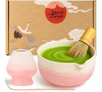 Goodwei Matcha Kit con cuchara y batidor te matcha, tazon matcha con soporte para batidor de cerámica en el mismo diseño | Cuenco de matcha Chawan artísticamente con vertedor, 450ml (Fuji Pink)