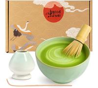 Goodwei Matcha Kit con Cuenco Matcha Ceramica, Batidor y Cuchara Te Matcha | Tazón de Té Chawan artísticamente, Soporte para Batidor en el mismo diseño | Juego Ceremonia del Té (Hasunomi, 80)