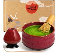 Goodwei Matcha Kit con Cuenco Matcha Ceramica, Batidor y Cuchara Te Matcha | Tazón de Té Chawan artísticamente, Soporte para Batidor en el mismo diseño | Juego Ceremonia del Té (Yogan, 80)