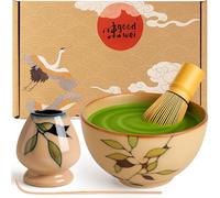 Goodwei Matcha Kit con Cuenco Matcha Ceramica, Batidor y Cuchara Te Matcha | Tazón de Té Chawan artísticamente, Soporte para Batidor en el mismo diseño | Juego Ceremonia del Té (Bamboo, 80)