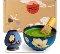 Goodwei Matcha Kit con Cuenco Matcha Ceramica, Batidor y Cuchara Te Matcha | Tazón de Té Chawan artísticamente, Soporte para Batidor en el mismo diseño | Juego Ceremonia del Té (Magnolia, 80)