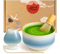 Goodwei Matcha Kit con Cuenco Matcha Ceramica, Batidor y Cuchara Te Matcha | Tazón de Té Chawan artísticamente, Soporte para Batidor en el mismo diseño | Juego Ceremonia del Té (Rindō, 80)