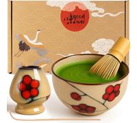 Goodwei Matcha Kit con Cuenco Matcha Ceramica, Batidor y Cuchara Te Matcha | Tazón de Té Chawan artísticamente, Soporte para Batidor en el mismo diseño | Juego Ceremonia del Té (Plum, 80)