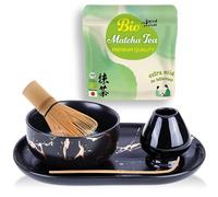 Goodwei Set Matcha con cuenco & bandeja negra con marmoleado de oro auténtico + 30g té verde matcha orgánico de Japón - Accesorios premium con batidor, soporte & cuchara de bambú (negro)