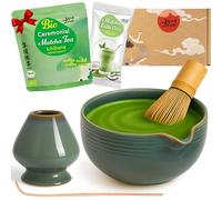 Goodwei Set Matcha Latte - Kit Matcha con Cuenco con Vertedor, Batidor de Bambú, Soporte, Cuchara & Matcha Ecológico - Juego Japonés para Matcha Latte y Ceremonia del Té (Menouseki)