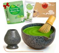 Goodwei Set Matcha Latte - Kit Matcha con Cuenco con Vertedor, Batidor de Bambú, Soporte, Cuchara & Matcha Ecológico - Juego Japonés para Matcha Latte y Ceremonia del Té (Shado)