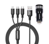 Goodyear Cargador 3 en 1 Lightning/Micro USB/USB-C, toma mechero con doble USB, cable 120 cm, para coche