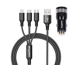 Goodyear Cargador 3 en 1 Lightning/Micro USB/USB-C, toma mechero con doble USB, cable 120 cm, para coche