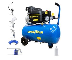 Goodyear - Compresor Eléctrico Portátil 24L con Kit 5 Accesorios, 2HP (1.5kW) Motor de Inducción, 8 bares, 165 l/min, Silencioso, Con Ruedas y Regulador - Ideal para Bricolaje y Taller