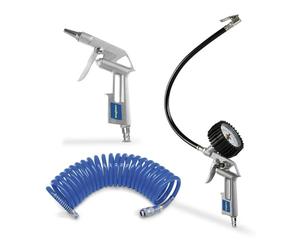 GoodYear - Kit 3 Accesorios Compresor Aire con Pistola Soplado e Inflado, Manómetro 0-8 bar, Manguera Espiral 5 m, Caudal 140 l/m, ideal Herramientas Neumáticas y Mantenimiento diario