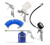 GoodYear - Kit 5 Accesorios Compresor Aire: Pistola Soplado, Inflador con Manómetro 0-8 bar, Pistola Pintura 600 ml, Pistola Petroleado 900 ml y Manguera Espiral 5 m, Caudal hasta 142 l/min