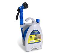 Goodyear - Manguera de Jardín Extensible 15 m, Látex Antitorsión, 4 BAR, Incluye Pistola de 7 Posiciones, Conectores 1/2" y 3/4", Enrollador, Anti-UV, Ligera y Resistente