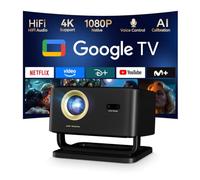 Google TV Proyector 375 ANSI, Decodificación 4K, Control por Voz, Dolby 15W | Proyector Inteligente 1080P Nativo, WiFi y Bluetooth, Enfoque AI, Corrección Trapezoidal, Soporte 90°, Pantalla 150", X4 Pro