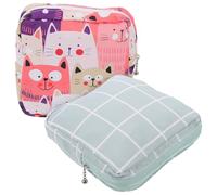 GOOHOCHY Bolsa Menstrual Portátil 2 Piezas de Algodón 100% Cierre de Cremallera Bolsa Pequeña para Compresas Higiénicas Diseño Azul a Cuadros y Rosa Gato Adecuado para Viajes y Uso
