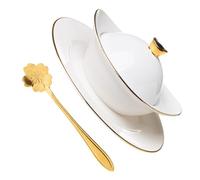GOOHOCHY Cuenco de Cerámica Blanco para Postre Bandeja y Cuchara, Apto para Comidas Frías o Calientes en Restaurante o Buffet, Set de 1